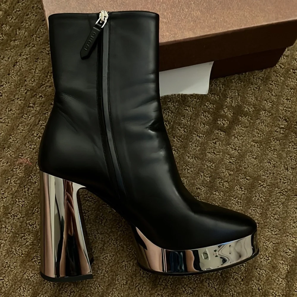 Gucci Malaga Kid -  Leather  Chrome Platform Ankle Boots - Picture 3 of 12